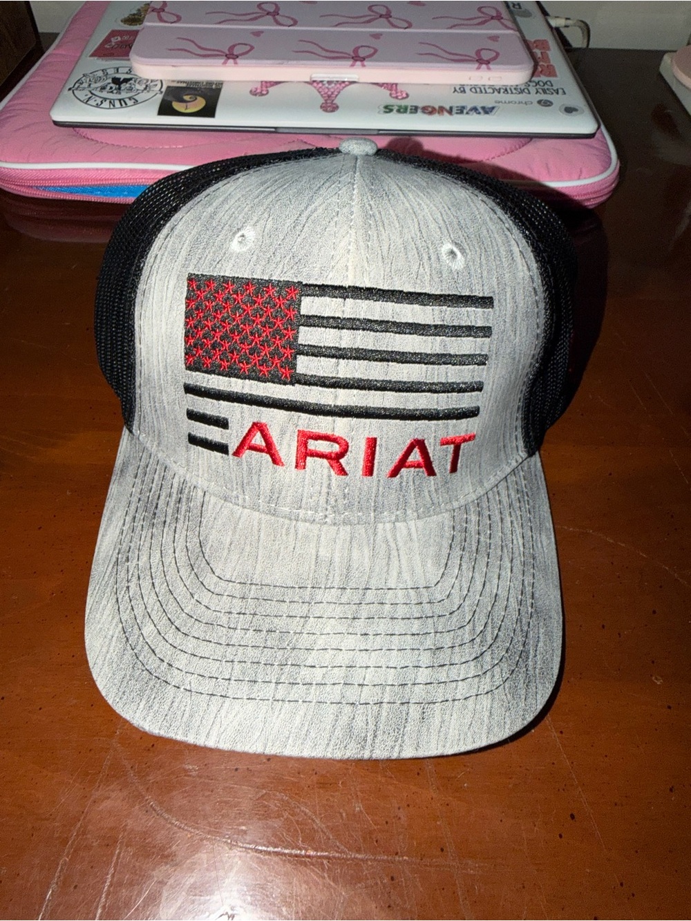 Ariat Gray Hat with Black Mesh and Red Embroidery - American Flag